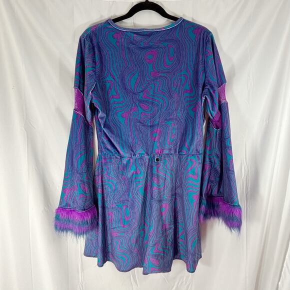 Spirit 70s Go-Go Dress/Tunic Blue Purple L, Flared Bell Sleeves Furry Cuffs - Picture 2 of 4